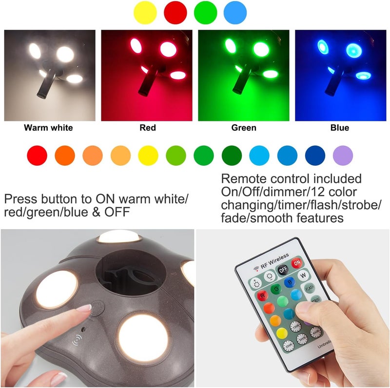 BIGMONAT Patio Umbrella Light Battery Operated, Outdoor Table Umbrella Lights with Remote and Timer, Color Changing Pole Light, Wireless Tent Lights for Camping, Brightness Dimmable, 250 Lumens - Image 2